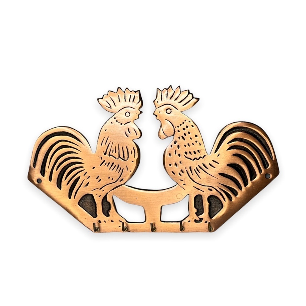 Cast Iron Copper Plated Double Rooster‎ Five Key Hook Holder 11”x6.5”